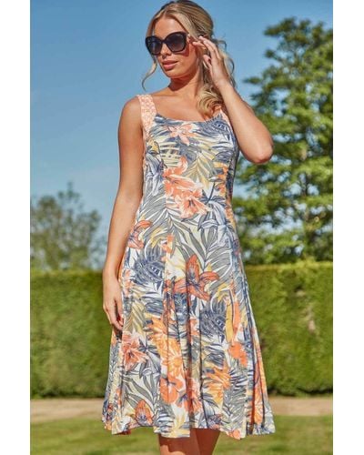 Roman Tropical Print Fit And Flare Dress - Orange
