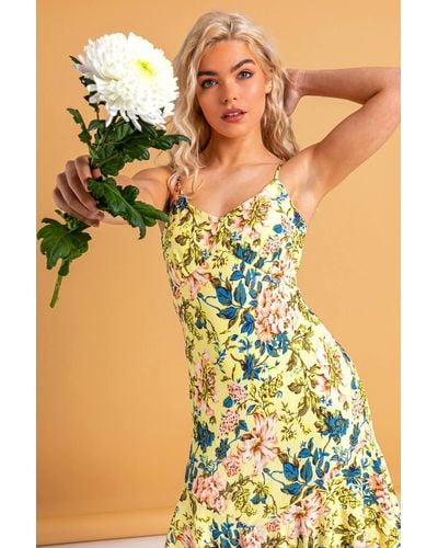 Roman Dusk Fashion Fluted Hem Floral Print Dress - Yellow
