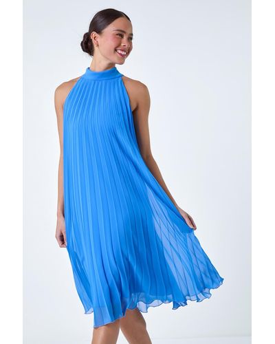 Roman Originals Petite Halter Neck Pleated Dress - Blue