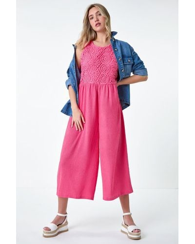 Roman Dusk Fashion Crochet Lace Wide Leg Jumpsuit - Pink