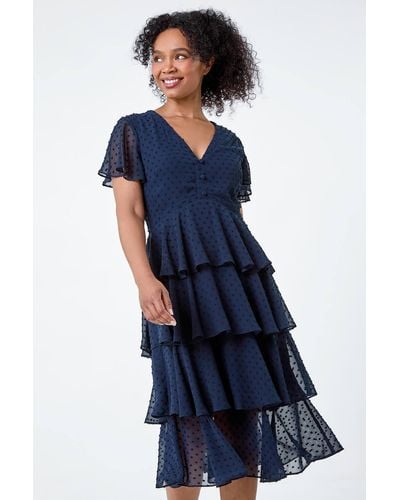 Roman Originals Petite Textured Spot Tiered Midi Dress - Blue