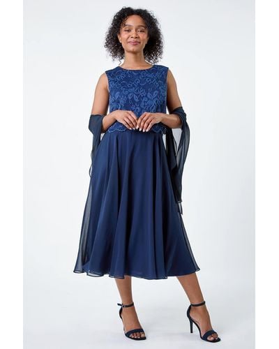 Roman Originals Petite Lace Overlay Midi Dress - Blue