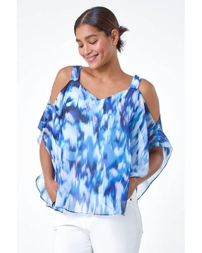 Roman Abstract Print Cold Shoulder Overlay Top - Blue