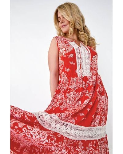 Roman Originals Curve Broderie Boho Printed Maxi Dress - Red