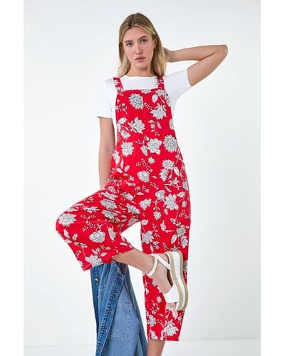 Roman Dusk Fashion Floral Print Pocket Jumpsuit - Red