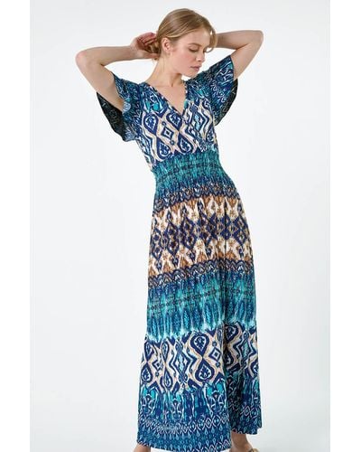 Roman Aztec Print Shirred Stretch Maxi Dress - Blue