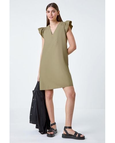 Roman Plain Cotton Frill Sleeve Pocket Dress - Natural