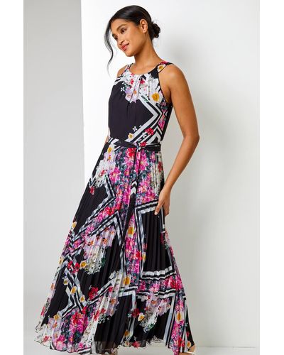 Roman Floral Border Pleated Chiffon Maxi Dress - Black