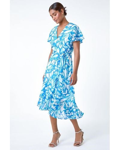 Roman Butterfly Print Chiffon Wrap Dress - Blue