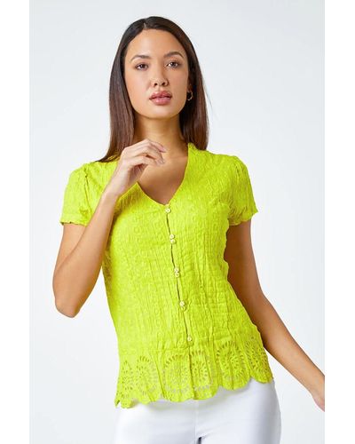 Roman Cotton Embroidered Crinkle Blouse - Yellow