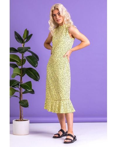 Roman Dusk Fashion Spot Print Frill Hem Midi Dress - Yellow