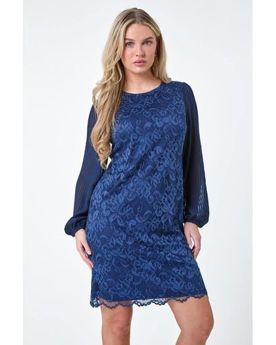 Roman Originals Petite Pleated Sleeve Lace Shift Dress - Blue