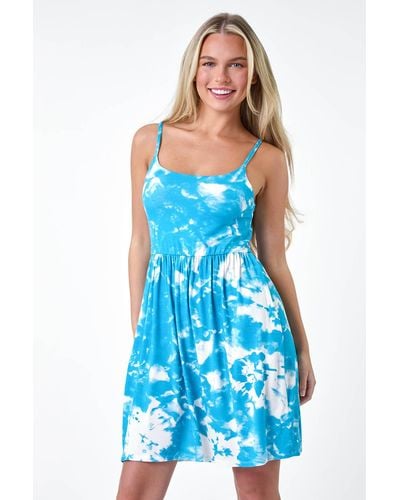 Roman Originals Petite Tie Dye Strappy Stretch Pocket Dress - Blue