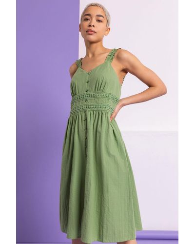 Roman Dusk Fashion Shirred Lace Detail Sundress - Green