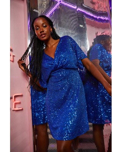 Roman Dusk Fashion Sequin Embellished Wrap Stretch Dress - Blue