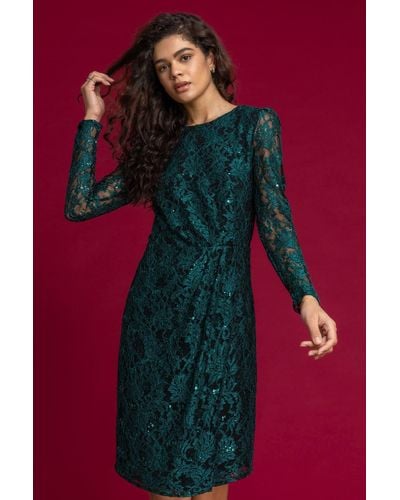 Roman Sequin Ruched Lace Wrap Dress - Green