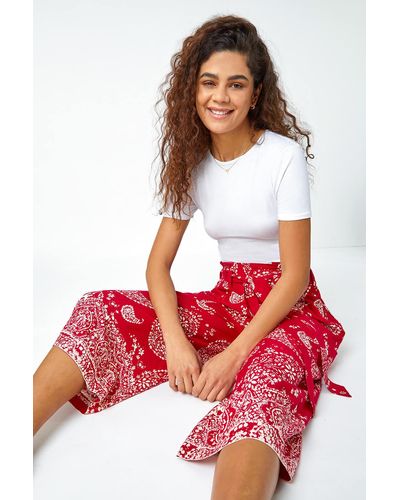 Roman Paisley Print Wide Leg Cropped Trousers - Red
