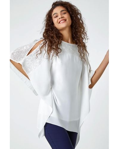 Roman Sequin Embellished Chiffon Overlay Top - White