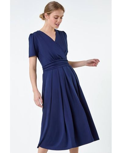 Roman Gathered Wrap Stretch Midi Dress - Blue