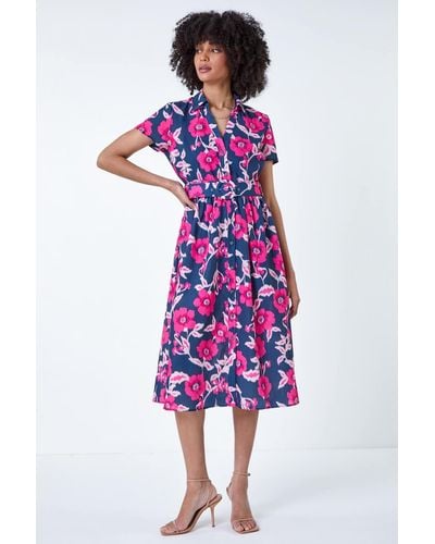 Roman Floral Linen Look Belted Shirt Dress - Pink