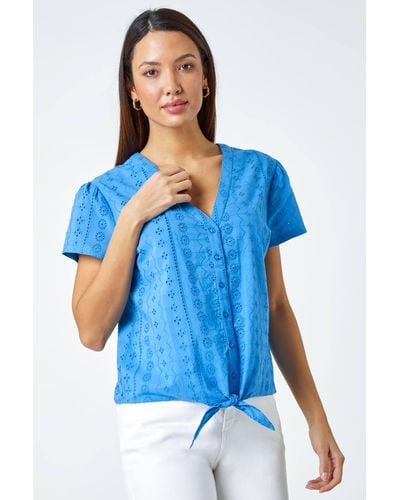 Roman Tie Front Cotton Broderie T-shirt - Blue