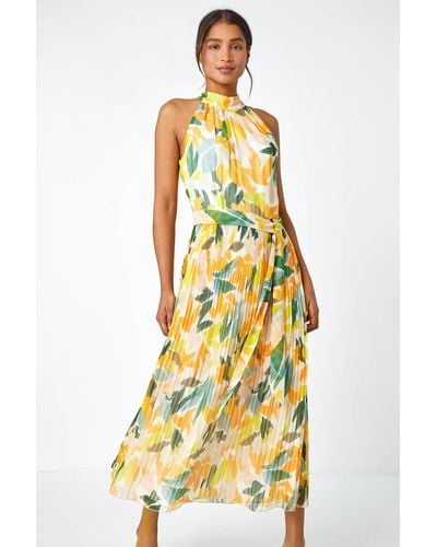 Roman Floral Halterneck Pleated Chiffon Maxi Dress - Yellow