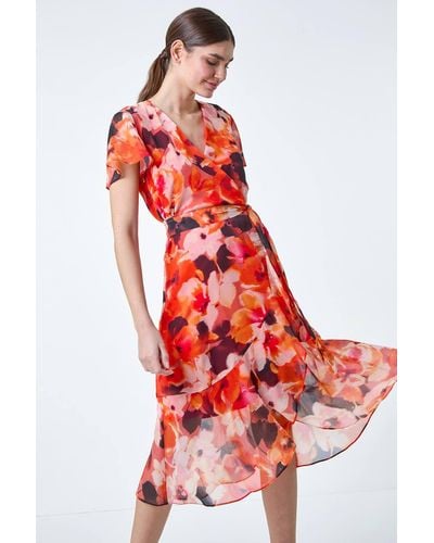 Roman Floral Print Chiffon Wrap Dress - Red