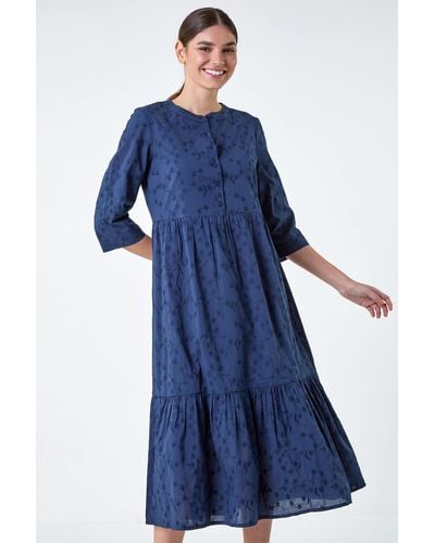 Roman Embroidered Tiered Cotton Midi Dress - Blue