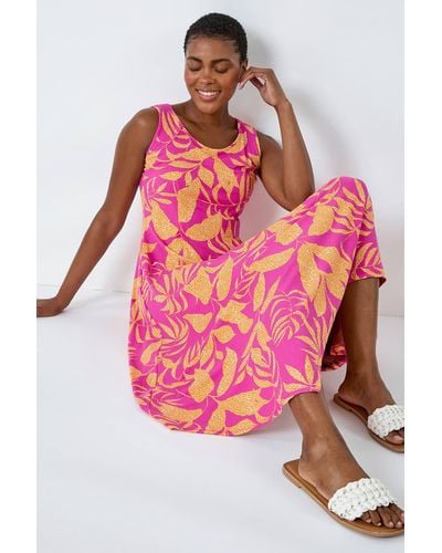 Roman Tropical Print Pleated Maxi Stretch Dress - Pink