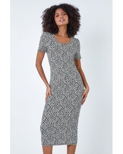 Roman Dusk Fashion Leopard Print Midi Stretch Dress - Grey