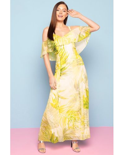 Roman Leaf Print Cold Shoulder Maxi Dress - Yellow