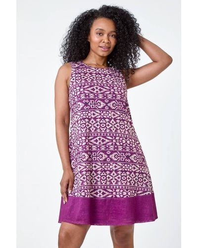 Roman Petite Aztec Print Contrast Hem Dress - Purple