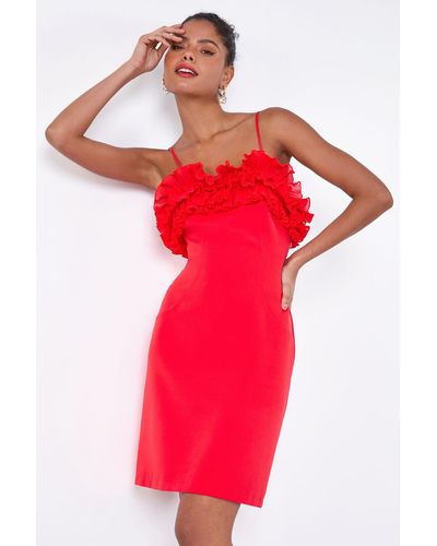 Roman Dusk Fashion Frill Detail Stretch Dress - Red