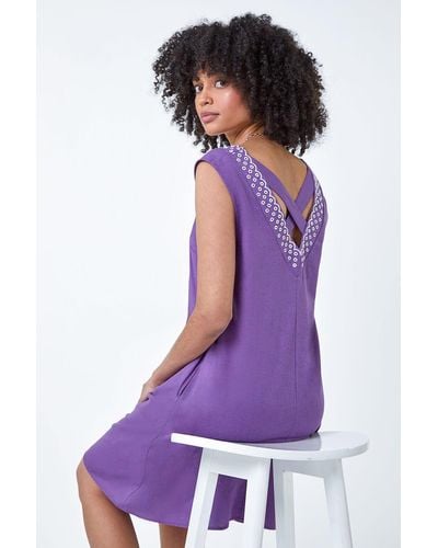 Roman Cotton Blend Embroidered Pocket Shift Dress - Purple