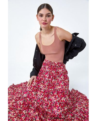 Roman Floral Crinkle Cotton Tiered Maxi Skirt