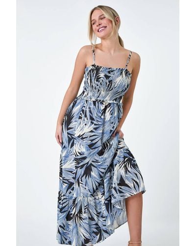 Roman Originals Petite Tropical Print Shirred Maxi Dress - Blue