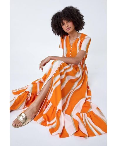 Roman Abstract Textured Frill Hem Maxi Dress - Orange