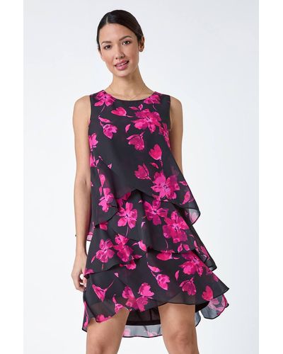 Roman Floral Print Tiered Layer Dress - Pink