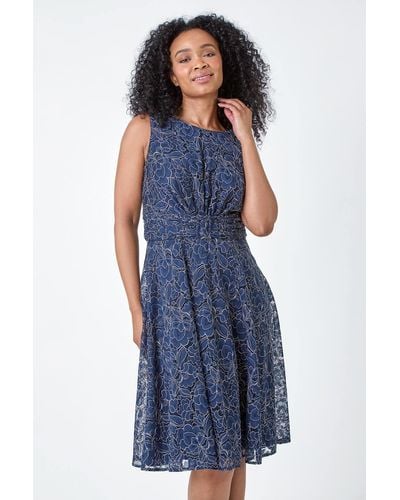 Roman Originals Petite Lace Shimmer Belted Midi Dress - Blue