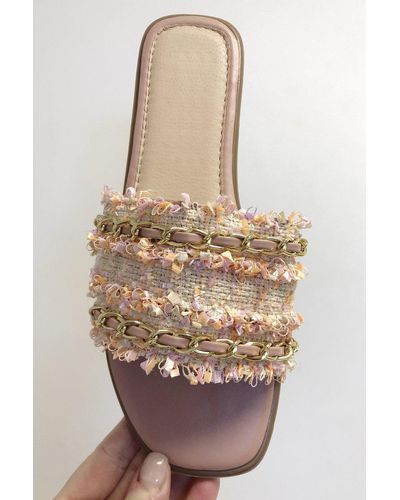 Roman Woven Gold Detail Slider Sandals - Pink