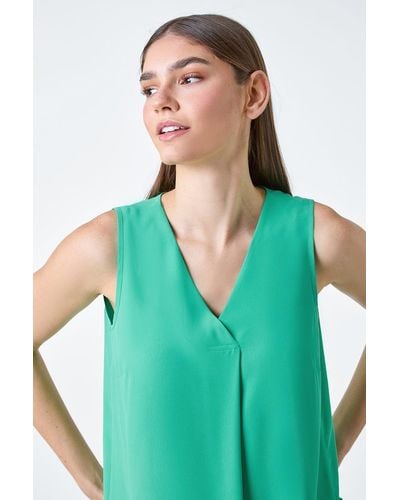 Roman V-neck Sleeveless Pleat Vest Top - Green
