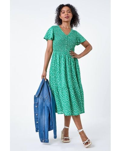 Roman Originals Petite Ditsy Floral Shirred Midi Dress - Green
