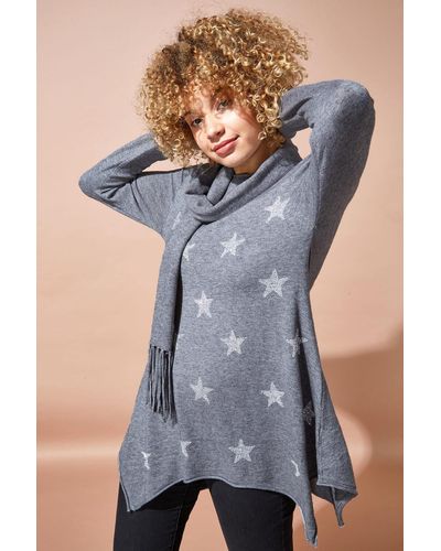 Roman Star Print Knitted Tunic Top With Tassel Scarf - Grey