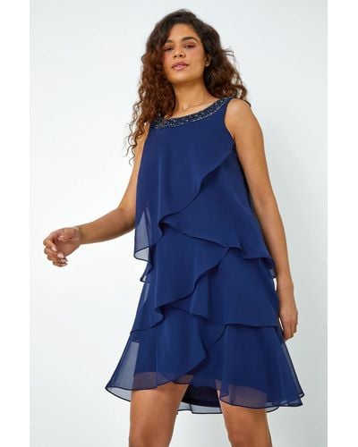 Roman Bead Embellished Tiered Chiffon Dress - Blue