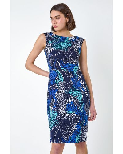 Roman Textured Wave Print Shift Stretch Dress - Blue