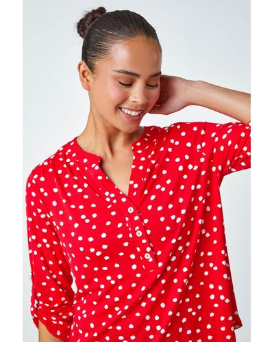 Roman Petite Polka Dot Stretch Button Detail Shirt - Red