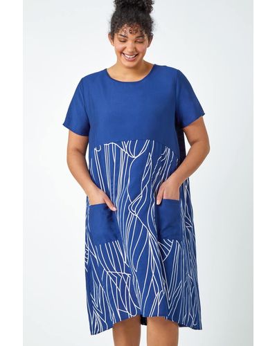 Roman Originals Curve Contrast Print Pocket T-shirt Dress - Blue