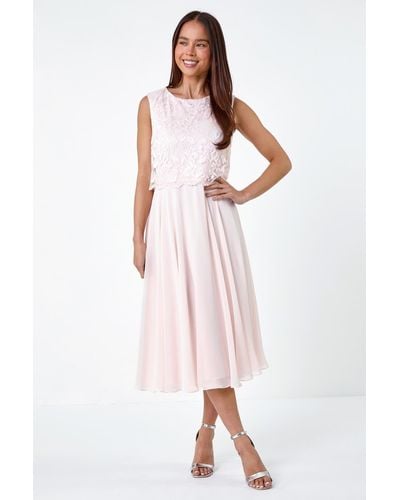 Roman Originals Petite Lace Pleated Midi Dress - Pink