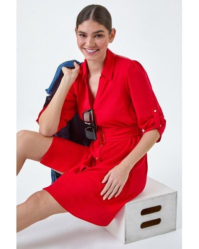 Roman Short Belted Shirt Dress - Red