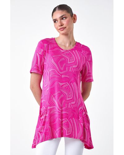 Roman Abstract Spot Pocket Stretch Tunic Top - Pink